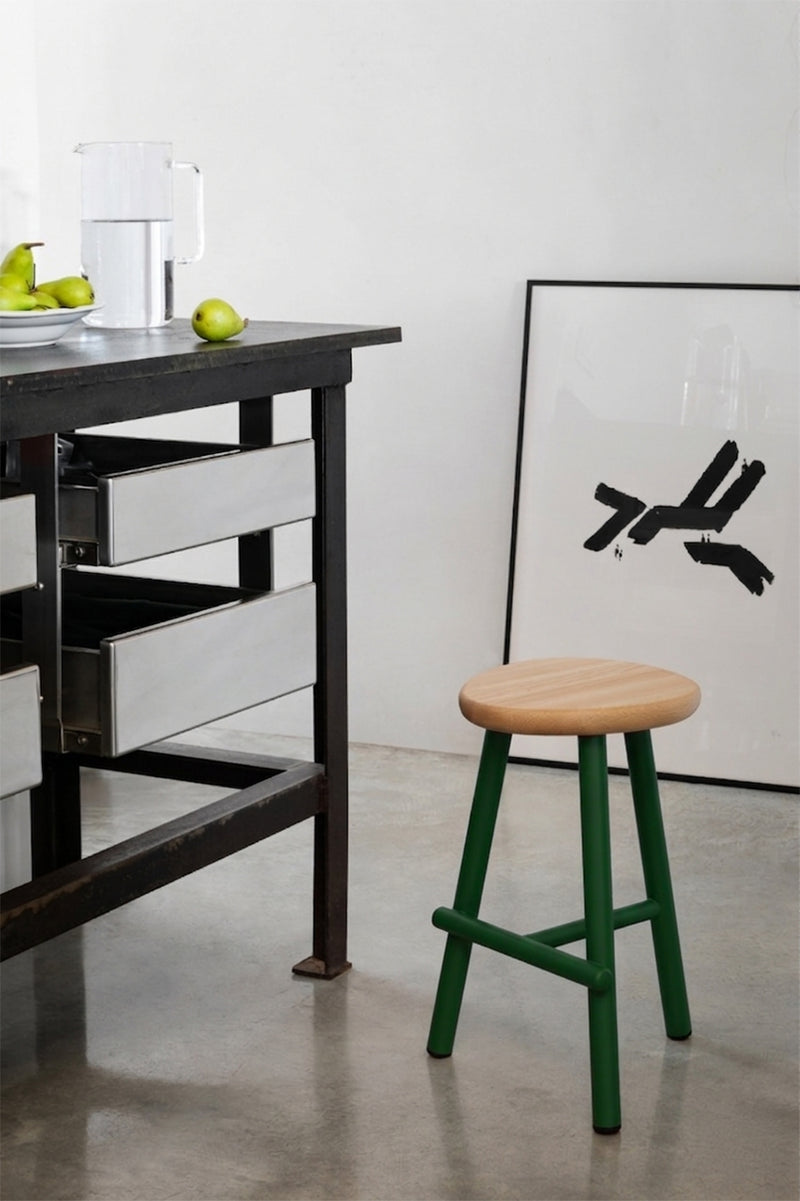 Milk stool by Miniforms, natural beech seat and metal frame, product photograph 1